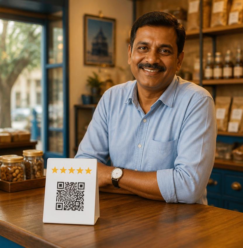 Indian shop owner smiling at counter with a QR review card